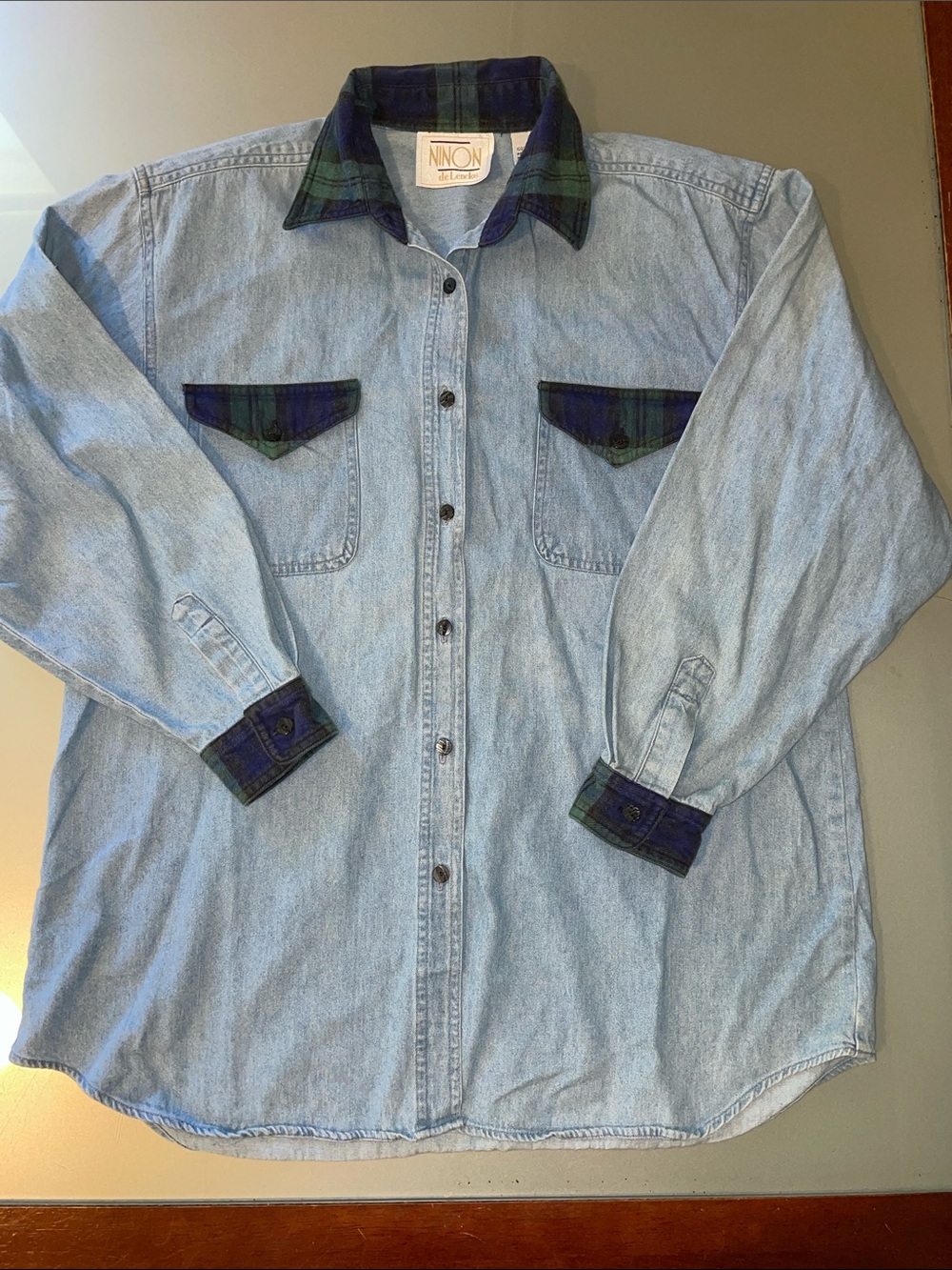 Vintage 80’s Light Wash Denim Button-Up oversized Shirt with Plaid accents | M